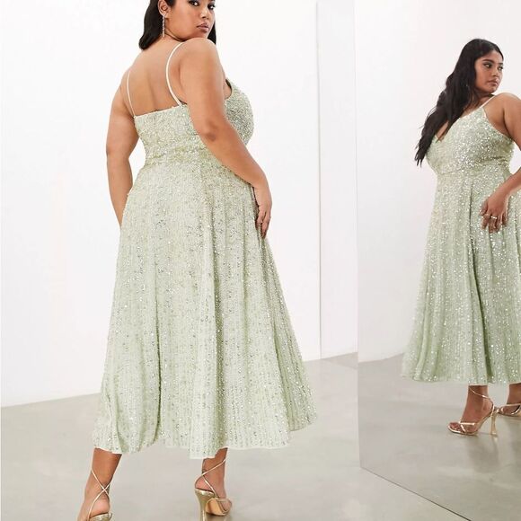 ASOS Edition Curve Sequin Embellished Cami Midi Dress in Sage Green Size US 14 - Picture 2 of 5